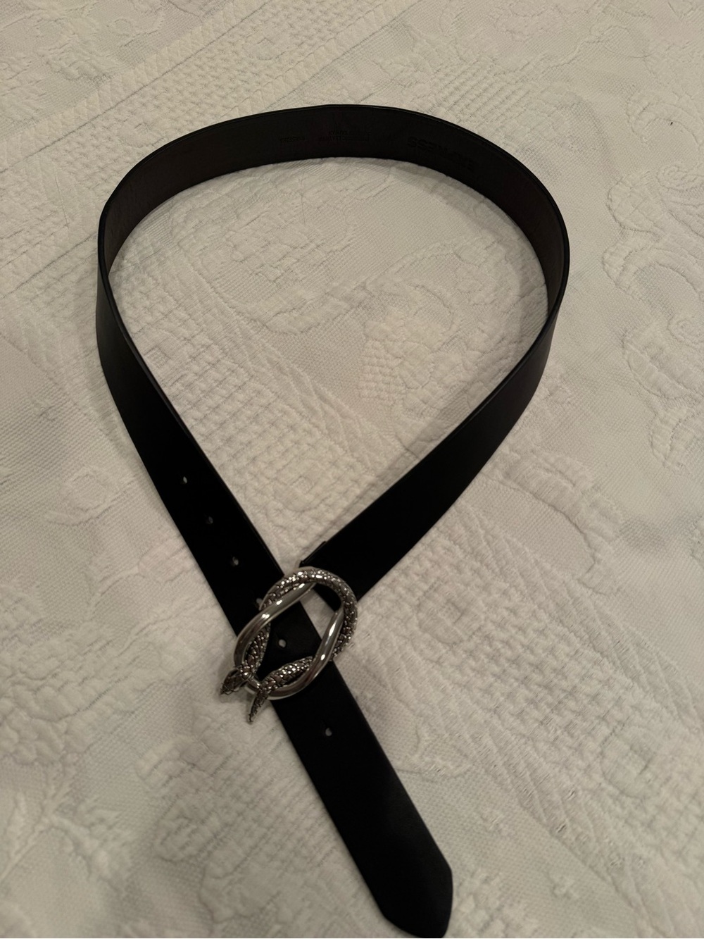 Express Black Leather Belt with Decorative Silver Snake Buckle